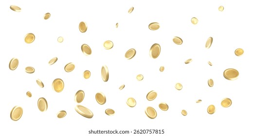 Falling Gold Coins with Glossy 3D Effect on White Background, Ideal for Wealth, Rewards, Finance, and Crypto Concepts. High-Quality Vector Illustration
