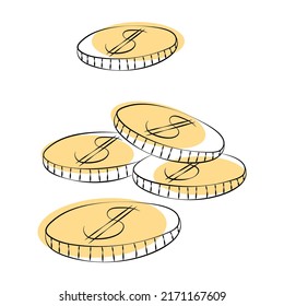 Falling gold coins. Hand drawn line art style vector illustration.