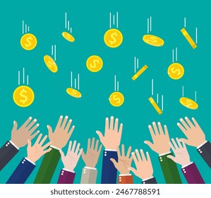 Falling gold coins and hands. Money rain. Golden coins with dollar sign. Growth, income, savings, investment. Symbol of wealth. Business success. Vector illustration in flat style