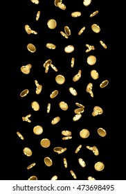 Falling gold coins isolated on a black background