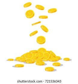 Falling gold coins isolated on white background. Cash money heap. Commercial banking, finance concept in flat style