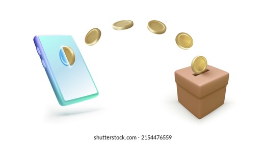 Falling gold coins from mobile phone to donation box isolated on white background. Banner or template for mobile app or online donation service. Vector illustration
