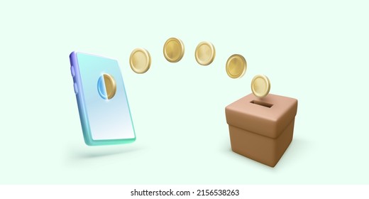 Falling gold coins from mobile phone to donation box. Banner or template for mobile app or online donation service. Vector illustration