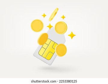 Falling gold coins and mobile sim card isolated on white background. 3d vector illustration