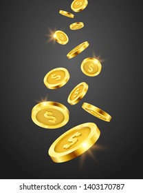 Falling gold coins. Money isolated on a dark background. Vector illustration.
