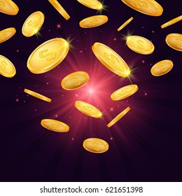 Falling gold coins. Money isolated on a  bright background. Vector illustration.