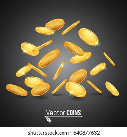 Falling gold coins. Money isolated on a dark background. Vector illustration.
