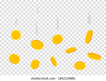 Falling gold coins. Money rain. Jackpot or success concept. Growth, income, savings, investment. Symbol of wealth. Vector illustration isolated on transparent background.	