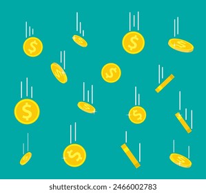 Falling gold coins. Money rain. Flying gold dollar coin. Growth, income, savings, investment. Symbol of wealth. Business success. Vector illustration in flat style