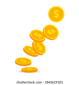 Fallende Goldmünzen. Geld stapelt, heap oder pile. Jackpot oder Erfolgskonzept. Wachstum, Einkommen, Ersparnisse, Investitionen. Wahrzeichen des Reichtums. Vektorgrafik einzeln auf weißem Hintergrund.