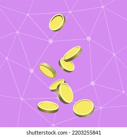 Falling gold coins on blockchain network background. Purple vector illustration. Blockchain money