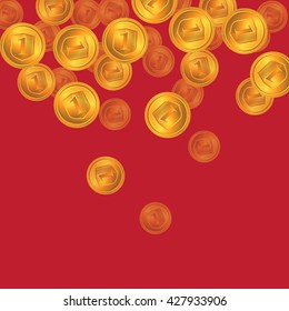 Falling gold coins on a red background. Placer gold coins on a red background