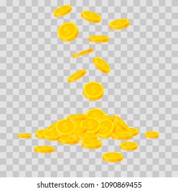 Falling gold coins on transparent background. Cash money heap. Commercial banking, finance concept in flat style