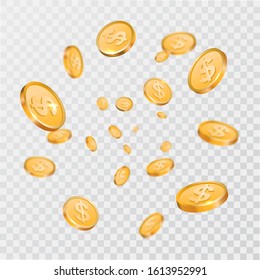 Falling gold coins on a transparent isolated background. Flying dollars. 3D elements.Money explosion.Elements for design.Vector illustration.