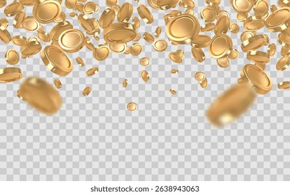 Falling Gold Coins on Transparent Background. Realistic 3D Render With Depth of Field. Perfect for Wealth, Jackpot, or Casino Concepts. Isolated Vector Illustration.