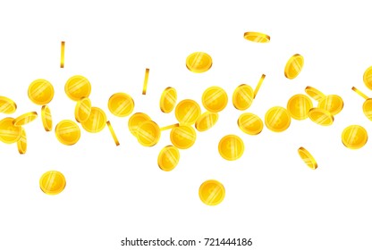 Falling gold coins on white background. Isolated design element for covers, leaflets, brochure, posters, backdrops, banners and other advertising projects.