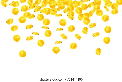 Falling gold coins on white background. Isolated design element for covers, leaflets, brochure, posters, backdrops, banners and other advertising projects.