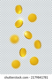 Falling Gold Coins Rain. Isolated Illustration Of Money On Transparent Background.