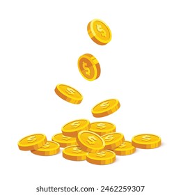 Falling gold coins with us dollar currency sign vector illustration isolated on white background. Money heap coin pile. Business and finance concept design element.