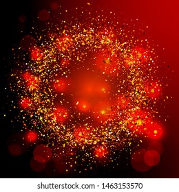 Falling gold and colorful particles in circle form on dark red background. Lights Shine effect for your design. Falling particles for greeting card, invitation. Vector illustration.