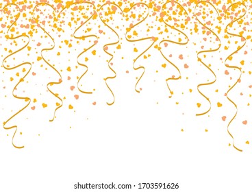 Falling gold confetti with heart shape and twisted ribbons as a symbol of celebration and anniversary events. Background wallpaper for christmas or celebration events.