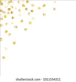Falling Gold Confetti Isolated on White Background. Light Festive Pattern with Glitter for Christmas and New Year Decoration, Birthday Invitation, Poster or Greeting Card. Vector Gold Confetti.