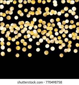 Falling Gold Confetti Isolated on Black Background. Light Festive Pattern with Glitter for Christmas and New Year Decoration, Birthday Invitation, Poster or Greeting Card. Vector Gold Confetti.
