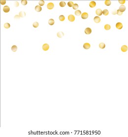 Falling Gold Confetti Isolated on White Background. Light Festive Pattern with Glitter for Christmas and New Year Decoration, Birthday Invitation, Poster or Greeting Card. Vector Gold Confetti.