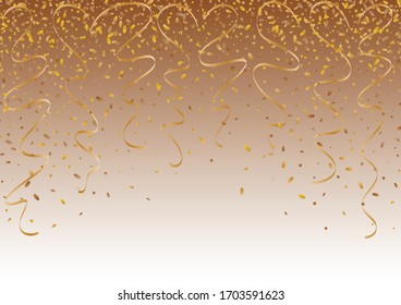 Falling gold confetti and twisted ribbons as a symbol of celebration and anniversary events. Background wallpaper for christmas or celebration events.