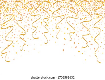 Falling gold confetti and twisted ribbons as a symbol of celebration and anniversary events. Background wallpaper for christmas or celebration events.
