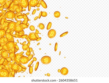 Falling Gold Confetti Vector Transparent Background. Metal Coin Flow Cover. Golden Currency Poster. Flying Dollar Certificate.