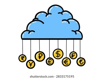Falling gold currency coins with cloud symbolizing financial growth and investment success
