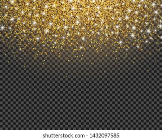 Falling gold dust shimmering, luminous stars. Illustration, template for holiday, anniversary, wedding, Christmas. Vector isolated.