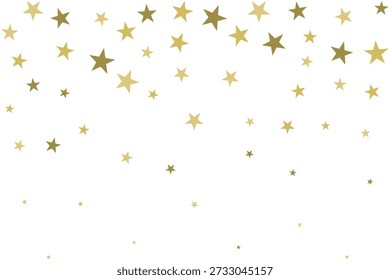 Falling gold five-point stars confetti. A festive arrangement of different-sized, scattered star-shaped symbols.