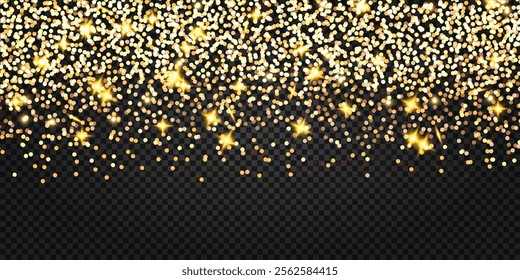 Falling gold glitter confetti rain. Shining particles effect and texture, dust scatter spots with sparkle stars falling. Stardust, amber particles, explosion texture of confetti.