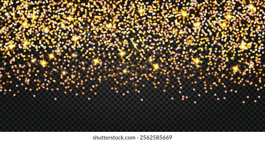 Falling gold glitter confetti rain. Shining particles effect and texture, dust scatter spots with sparkle stars falling. Stardust, amber particles, explosion texture of confetti.