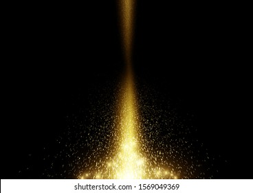 Falling gold glitter sparkle dust particles light beam on black background vector illustration