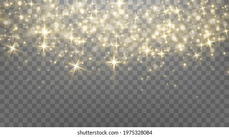 Falling gold glittering dots, sparkles, particles and stars isolated on a transparent background.
Abstract light effect. Gold luminous points. Vector illustration.