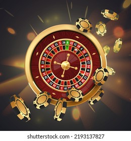 Falling gold poker chips, tokens with golden casino roulette wheel on black background with golden light, rays, glare, sparkles. Vector illustration for casino, game design, advertising.