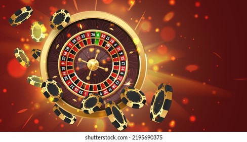 Falling gold poker chips, tokens with golden casino roulette wheel on red background with golden light, rays, glare, sparkles. Vector illustration for casino, game design, advertising.