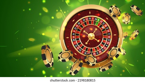 Falling gold poker chips, tokens on  golden casino roulette wheel on green background with golden light, rays, glare, sparkles. Vector illustration for casino, game design, advertising.