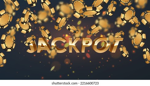 Falling gold poker chips, tokens with golden letters Jackpot on black background with golden glare, sparkles, bokeh. Vector illustration for casino, game design, advertising