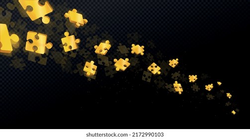 Falling gold puzzles. Pieces on black background, abstract style. Graphic elements for website. Metaphor of riddle or puzzle, teamwork. Creative processes, fantasy. Isometric vector illustration