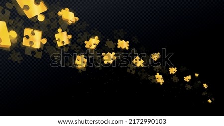 Falling gold puzzles. Pieces on black background, abstract style. Graphic elements for website. Metaphor of riddle or puzzle, teamwork. Creative processes, fantasy. Isometric vector illustration