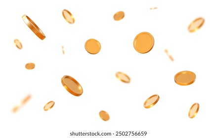 Falling gold shiny coins with effect bokeh on white isolated background. Rich or casino luck concept. Precious expensive treasure. Stock vector illustration.