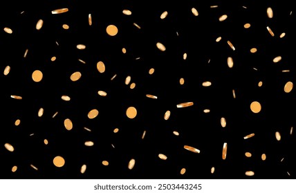 Falling gold shiny coins russian ruble with effect bokeh on black isolated background. Rich or casino luck concept. Precious expensive treasure. Stock vector illustration.	