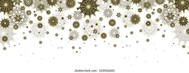 Falling gold snowflakes isolated on white background. Winter, New Year and Christmas Xmas snow frame. 