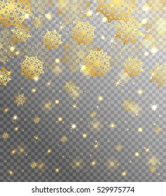 Falling gold snowflakes and lights on transparent background. Vector Illustration.