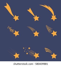 Falling gold  stars vector set Icons of meteorites and comets