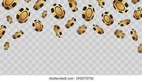 Falling golden with black poker chips, tokens on transparent background. Vector illustration for casino, game design, flyer, poster, banner, web, advertising.